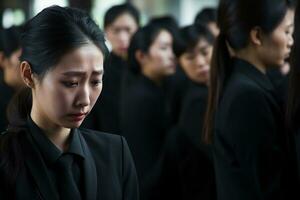 asiatique femme dans deuil à une funérailles, peu profond profondeur de champ.funérailles concept ai généré photo