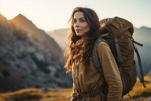 magnifique femme promeneur avec sac à dos randonnée dans le montagnes à le coucher du soleil ai généré photo