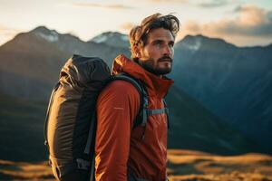 Beau Jeune homme avec sac à dos randonnée dans le montagnes à le coucher du soleil ai généré photo