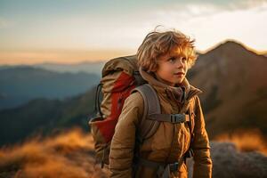 adorable peu garçon avec sac à dos randonnée dans montagnes à le coucher du soleil. Voyage et actif mode de vie concept ai généré photo