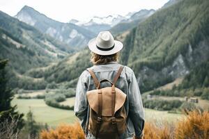 branché voyageur avec sac à dos séance sur Haut de une Montagne et à la recherche à le vallée. ai généré photo
