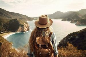 Jeune femme avec sac à dos randonnée dans le montagnes. Voyage et aventure concept. ai généré photo