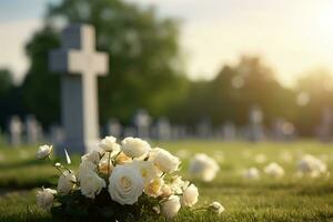 blanc fleurs dans de face de une pierre tombale à une cimetière avec coucher de soleil.funérailles concept ai généré photo