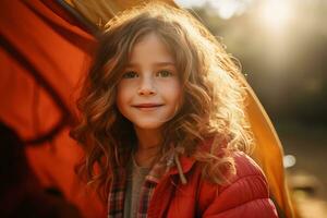 portrait de mignonne peu fille à caméra tandis que permanent près camping tente à le coucher du soleil ai généré photo