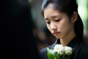 portrait de une peu asiatique fille avec dans le cimetière, funérailles concept ai généré photo