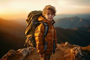 adorable peu garçon avec sac à dos randonnée dans montagnes à le coucher du soleil. Voyage et actif mode de vie concept ai généré photo