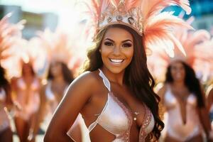 une femme dansant sur le brésilien carnaval dans une puissant costume.ai génératif photo