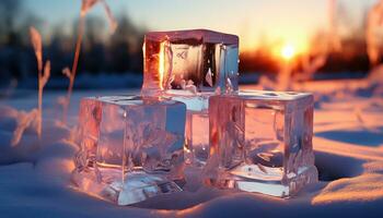 la glace cubes dans lumière bleu ciel et Orange ai généré photo