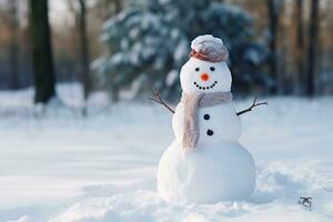 une amical bonhomme de neige souriant dans une calme hiver paysage.ai génératif photo