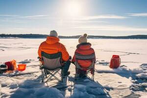 contenu couple engageant dans serein la glace pêche sur une congelé Lac photo