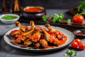 grillé poulet ailes avec tomate sauce sur assiette ai généré photo