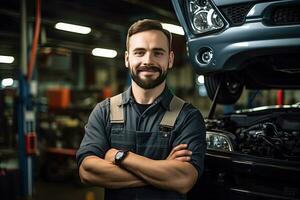 voiture mécanicien travail dans auto réparation magasin. Beau Jeune homme dans uniforme travail avec voiture moteur. génératif ai photo