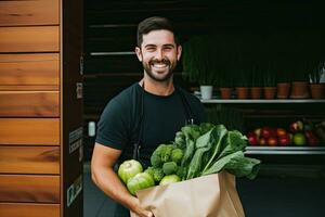 une Jeune homme porte une achats sac plein de des fruits et des légumes. nourriture livraison service. génératif ai photo