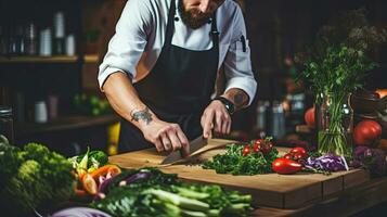 chef est en train de préparer nourriture Ingrédients sur une en bois planche dans une restaurant cuisine. génératif ai photo