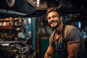 voiture mécanicien travail dans auto réparation magasin. Beau Jeune homme dans uniforme travail avec voiture moteur. génératif ai photo