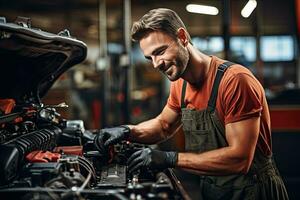 voiture mécanicien travail dans auto réparation magasin. Beau Jeune homme dans uniforme travail avec voiture moteur. génératif ai photo