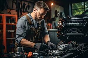 voiture mécanicien travail dans auto réparation magasin. Beau Jeune homme dans uniforme travail avec voiture moteur. génératif ai photo