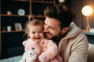 souriant et content père et fille dépenses le fin de semaine dans une chaud maison. génératif ai photo