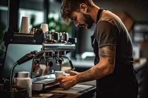 barista en train de préparer café dans café machine. barista fabrication café dans café magasin. génératif ai photo