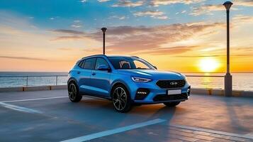 voiture sur le plage à le coucher du soleil. concept de Voyage et vacances. génératif ai photo