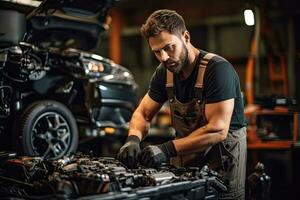 voiture mécanicien travail dans auto réparation magasin. Beau Jeune homme dans uniforme travail avec voiture moteur. génératif ai photo