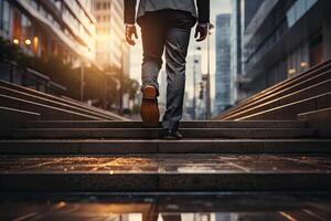 proche en haut Jeune homme d'affaire pieds sprint en haut escaliers Bureau milieu image. génératif ai photo