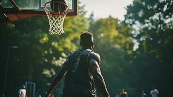 Jeune africain américain homme en jouant basketball à le coucher du soleil. sport et actif mode de vie concept. génératif ai photo