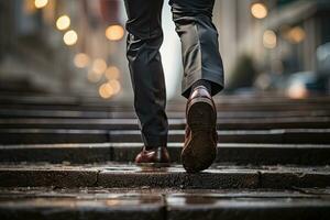 proche en haut Jeune homme d'affaire pieds sprint en haut escaliers Bureau milieu image. génératif ai photo