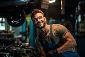 voiture mécanicien travail dans auto réparation magasin. Beau Jeune homme dans uniforme travail avec voiture moteur. génératif ai photo