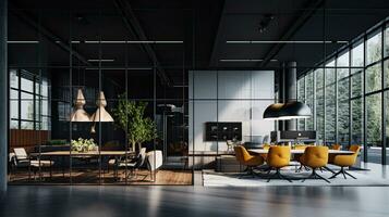 intérieur de moderne ouvert espace Bureau avec noir des murs, béton sol, Lignes de ordinateur les tables et verre des portes. génératif ai photo