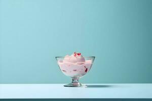 rose la glace crème dans une verre bol sur le table minimalisme style sur une bleu Contexte. haute qualité. ai génératif photo