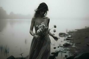 une magnifique noir et blanc portrait de une femme dans une robe avec une fleur bouquet. haute résolution. ai génératif photo