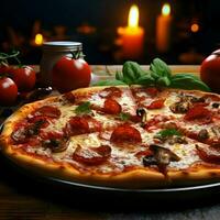 fermer photo de une savoureux Pizza avec tomates sur le table dans le restaurant. haute qualité. ai génératif