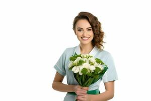 professionnel La publicité photo de une infirmière avec fleurs boquite. haute qualité. ai génératif