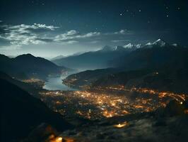 fermer cinématique coup la nuit dans le ville dans montagnes. haute qualité. ai génératif photo