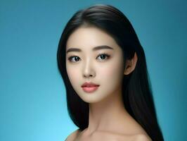 Jeune asiatique beauté femme modèle longue cheveux avec Naturel faire en haut. haute résolution. ai génératif photo