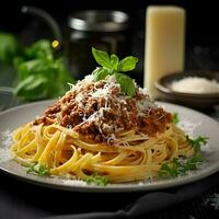 Frais Pâtes avec copieux bolognaise et Parmesan fromage. haute résolution. ai génératif photo