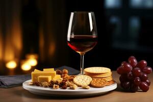 ai généré verre de rouge vin, un alcoolique boisson avec du froid apéritifs, des biscuits, Croûtons et fromage. adapté pour décorer café et restaurant les menus photo