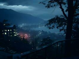 fermer cinématique coup la nuit dans le ville dans montagnes. haute qualité. ai génératif photo