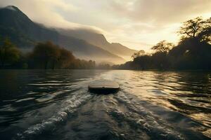 fermer cinématique coup de le bateau dans le lac. haute qualité. ai génératif photo