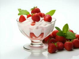 isolé yaourt avec la glace dans une verre avec des fraises. haute qualité. ai génératif photo