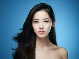Jeune asiatique beauté femme modèle longue cheveux avec Naturel faire en haut. haute qualité. ai génératif photo