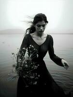 une magnifique noir et blanc portrait de une femme avec une bouquet de fleurs. haute résolution. ai génératif photo