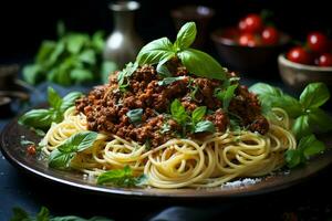 Frais Pâtes avec copieux bolognaise et Parmesan fromage. haute résolution. ai génératif photo