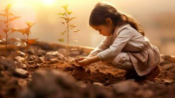 mignonne peu fille plantation une arbre dans le jardin à le coucher du soleil. ai généré photo