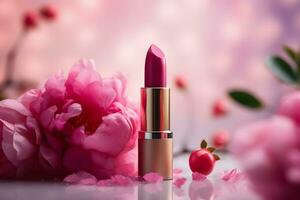 rose rouge à lèvres dans épanouissement fleurs, cosmétique et maquillage produit, photoréaliste image, commercial publicité. ai génératif illustration. photo