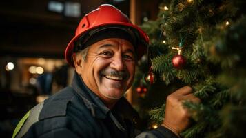 sapeur pompier dans de fête tenue orner une Noël arbre avec joie photo