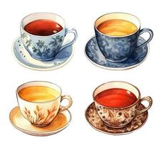 aquarelle dessin, ensemble de thé tasses. ancien illustration, classique Anglais thé. ai généré photo