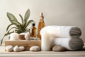 ai généré spa accessoire composition ensemble dans journée spa hôtel, beauté bien-être centre. spa produit sont mis dans luxe spa recours chambre, prêt pour massage thérapie de professionnel un service photo