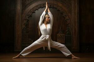 Jeune femme pratiquant qigong dans une pièce avec Oriental intérieur, Jeune femme pratiquant yoga dans le natarajasana position, arrière côté voir, non visage révélé, non déformation, ai généré photo